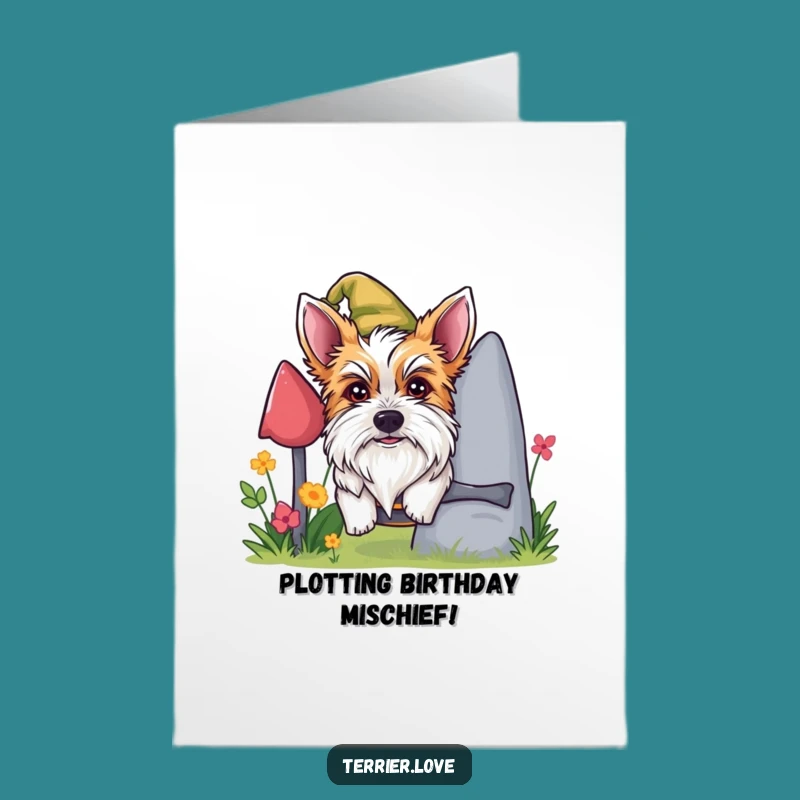 Free Printable Birthday Card: Mischievous Terrier Gnome Funny Dog Downloadable Gift