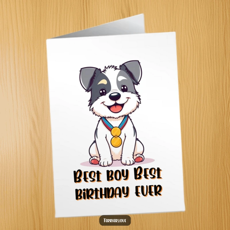 Funny Free Printable Birthday Card: Proud terrier wearing a gold medal, sitting regally, ready to celebrate a special day.