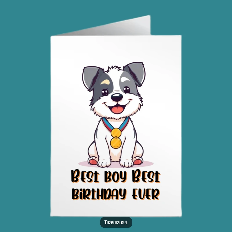 Free Printable Birthday Card: Proud Terrier with Medal - Funny Dog Downloadable Gift!