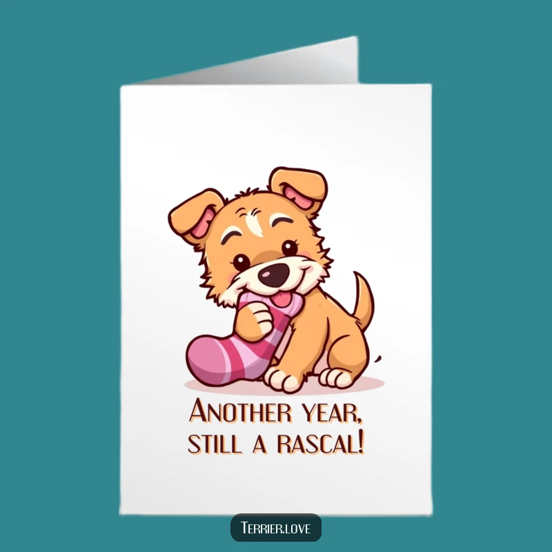 Free Printable Dog Birthday Card: Mischievous Terrier, Sock Thief Humor, Downloadable Gift
