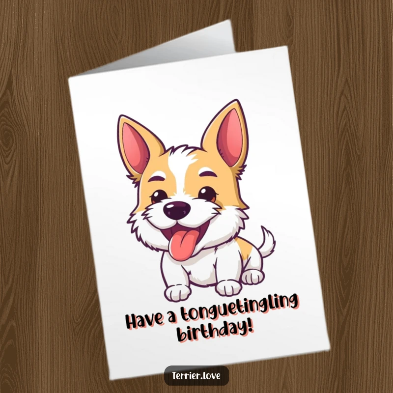 Funny Free Printable Birthday Card: Energetic terrier with its tongue playfully sticking out, full of zest.