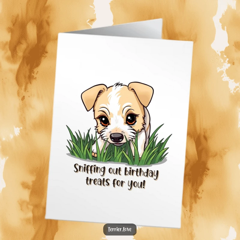 Funny Free Printable Birthday Card: A terrier with a curious gaze intently sniffing a patch of grass.