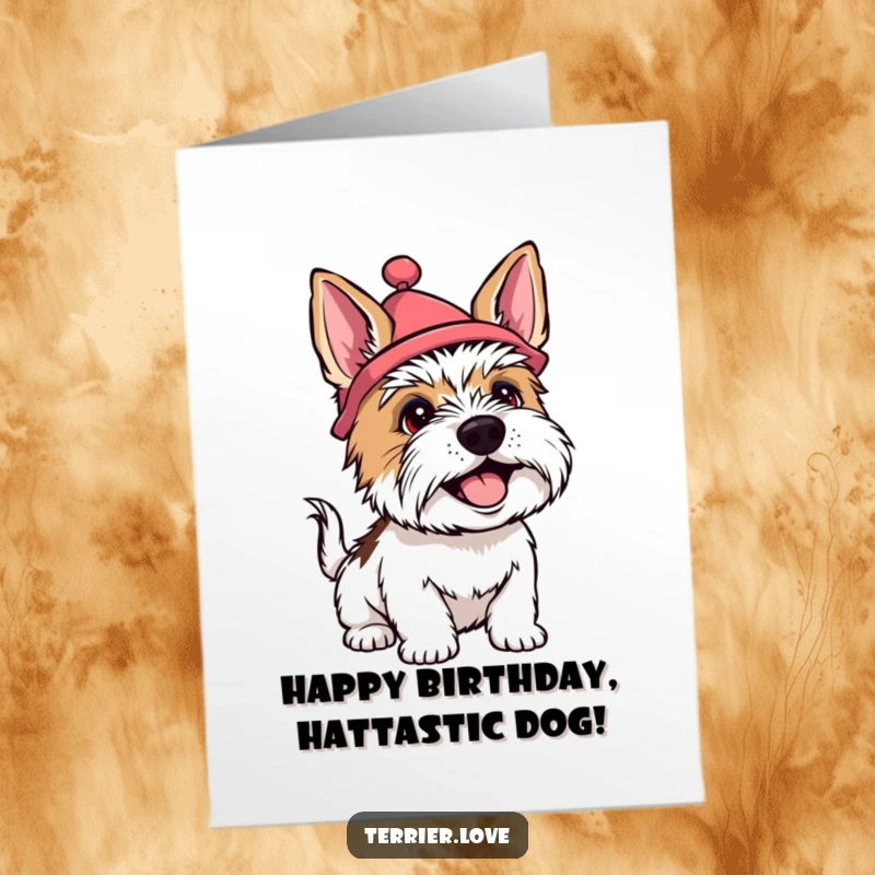 Funny Free Printable Birthday Card: A terrier dog wearing a silly hat and wagging its tail with pure happiness.
