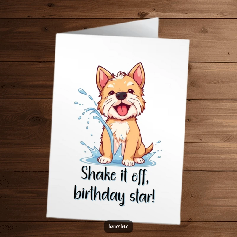 Funny Free Printable Birthday Card: A happy terrier dog shaking off water, creating a joyful spray all around.
