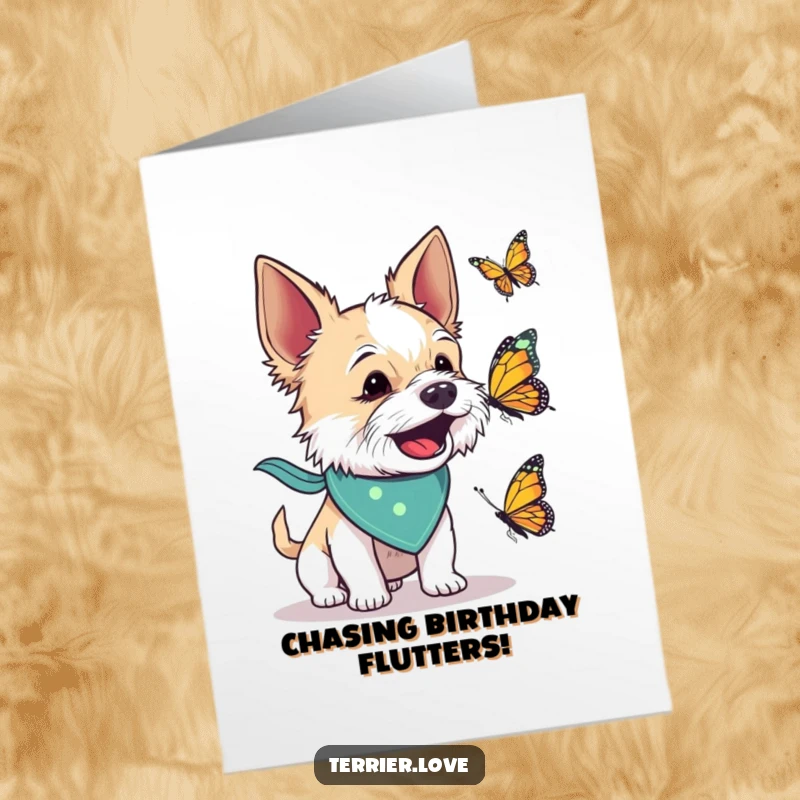 Funny Free Printable Birthday Card: Terrier in tiny bandana energetically barks at a butterfly, full of playful pursuit.