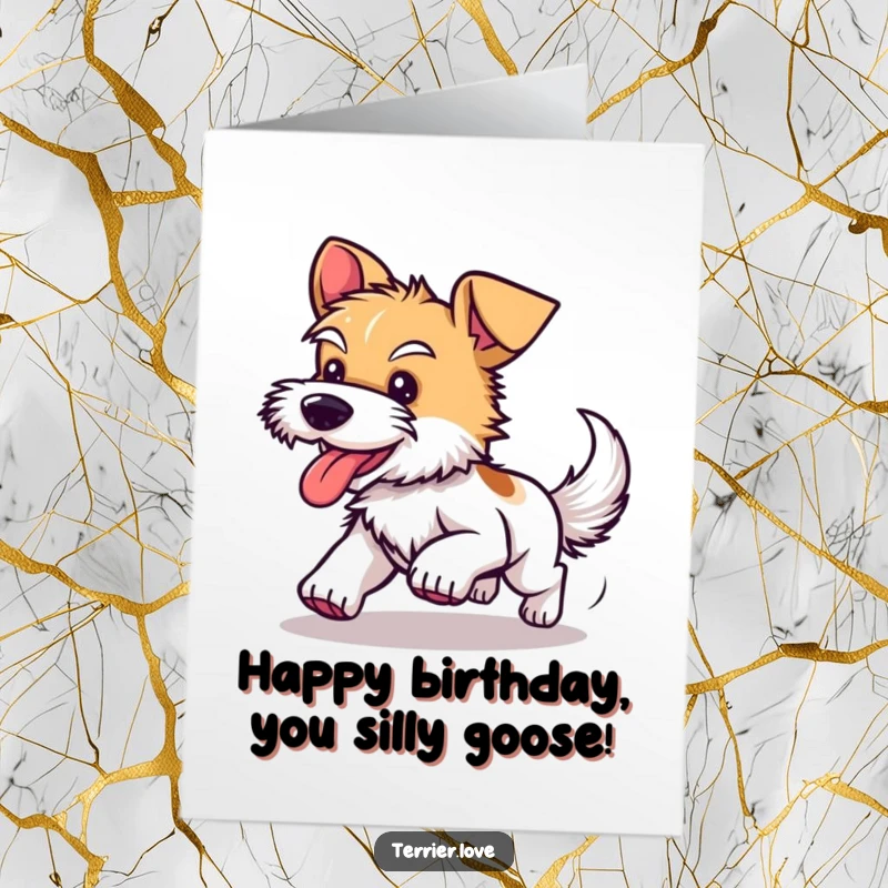 Funny Free Printable Birthday Card: A happy, panting terrier chasing its tail in a joyful, dizzying circle.