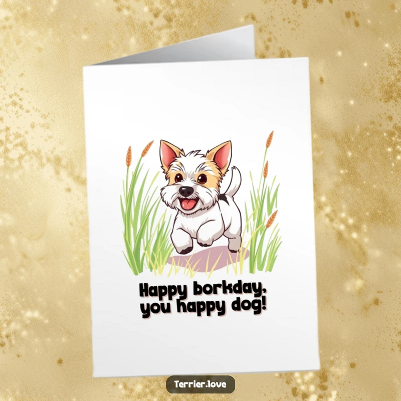 Free Printable Terrier Birthday Card: Ecstatic terrier with a wildly wagging tail bounding joyfully through green grass.