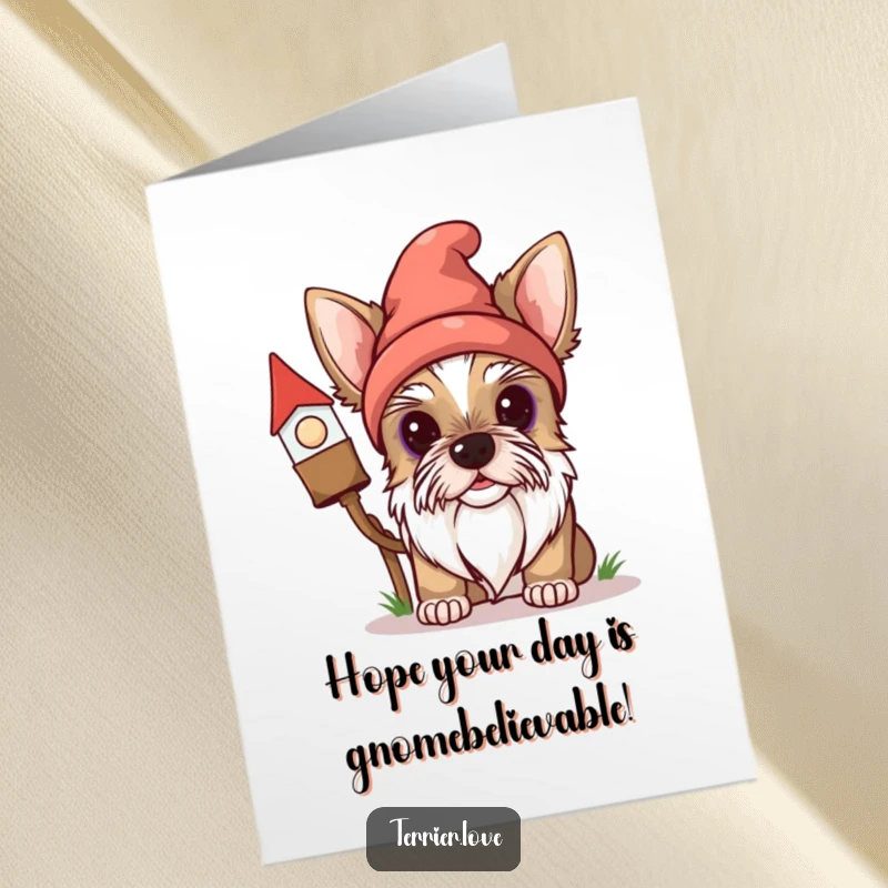 Funny Free Printable Birthday Card featuring a curious Terrier dog peeking from behind a garden gnome, full of playful mischief.
