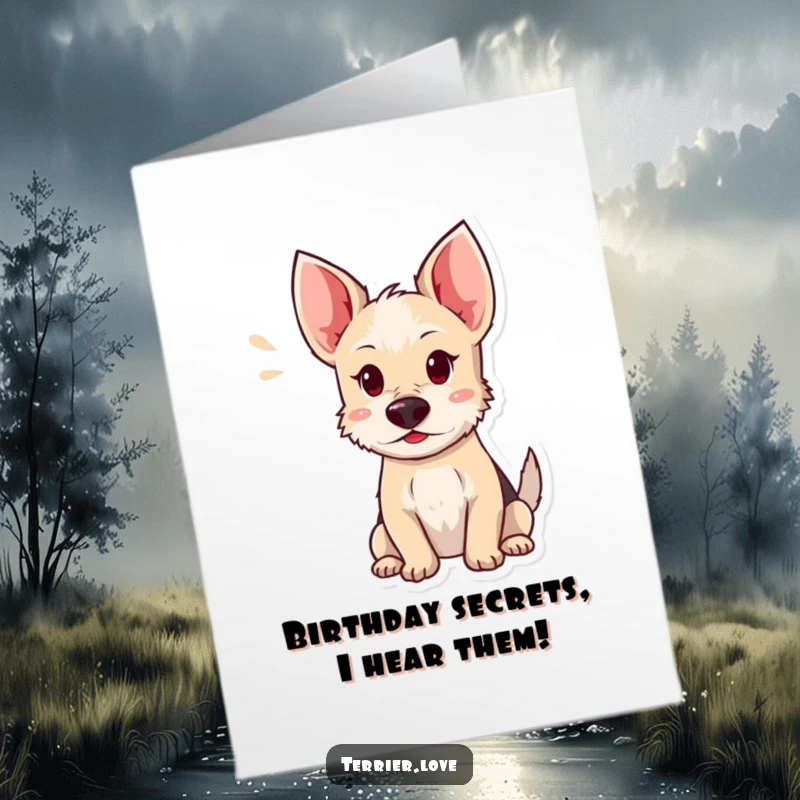 Funny Free Printable Birthday Card: A terrier with ears perked high, intently listening for birthday joy.