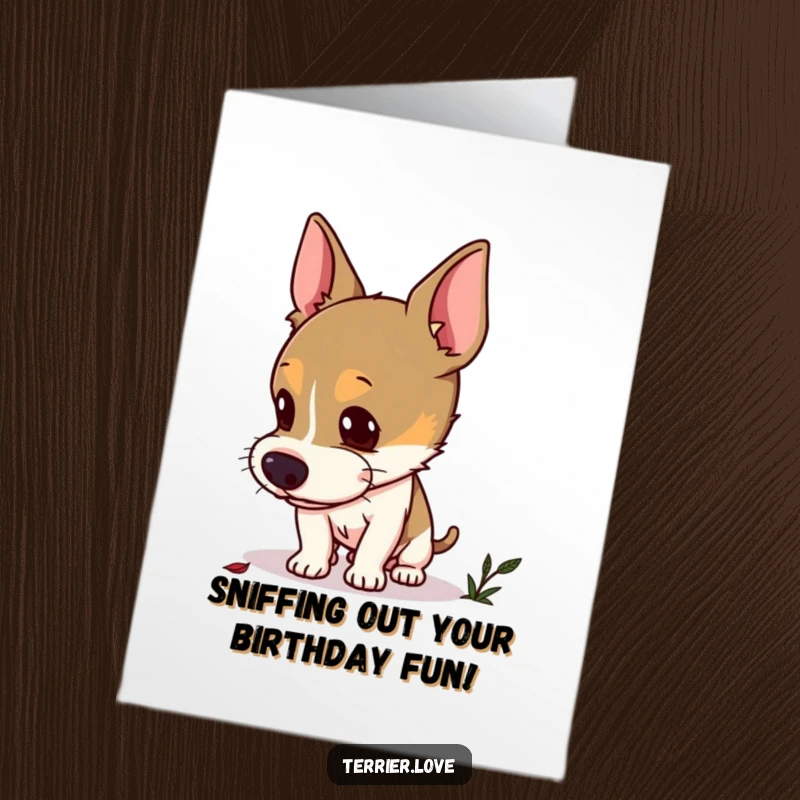 Free Printable Terrier Birthday Card: Curious terrier with perked ears intently sniffing the ground at a hidden scent.