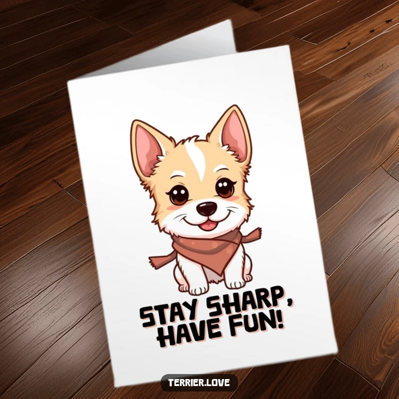 Funny Free Printable Birthday Card: A smiling terrier dog wearing a small, colorful scarf, looking alert and stylish.