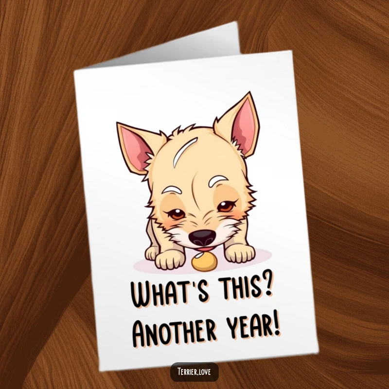 Funny free printable birthday card of a curious terrier sniffing intently at a small, mysterious object with great interest.