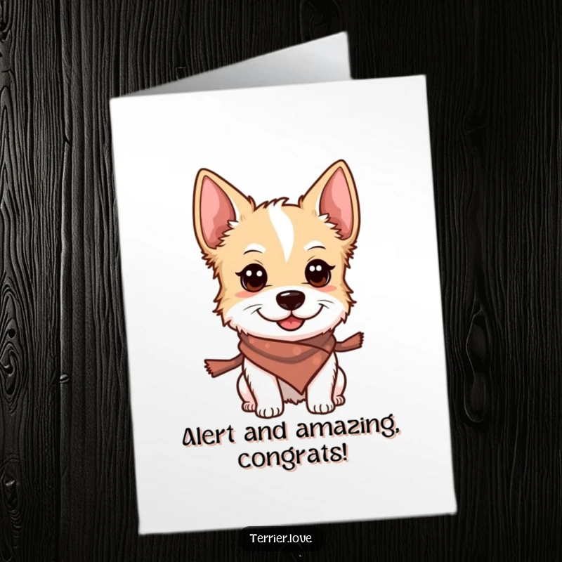 Funny Free Printable Congratulations Card: A smiling terrier in a small scarf, looking alert and ready for anything.