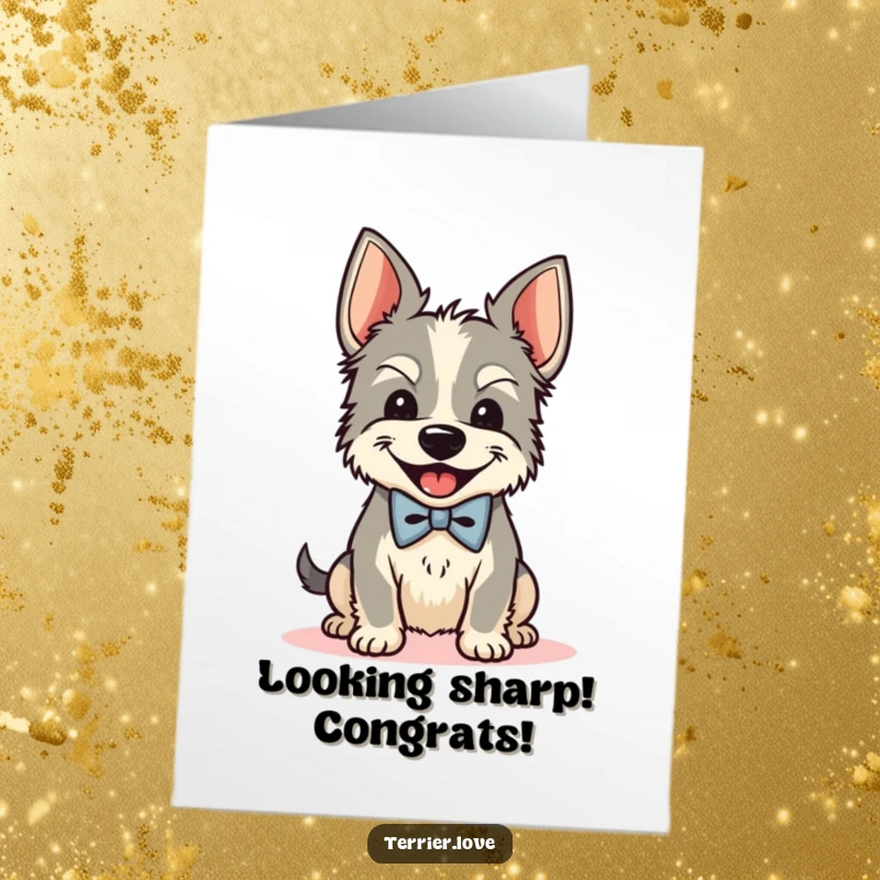 Funny Free Printable Congratulations Card showing a stylish Terrier dog in a bow tie shaking its head joyfully.