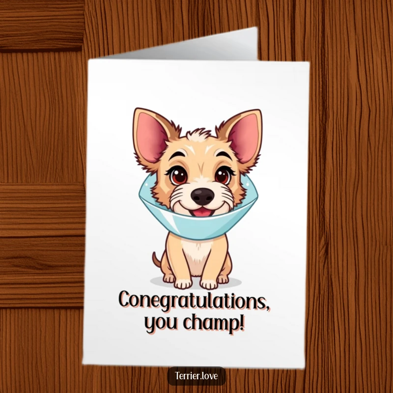 Funny Free Printable Congratulations Card: A terrier wearing a recovery cone, smiling happily despite its predicament.
