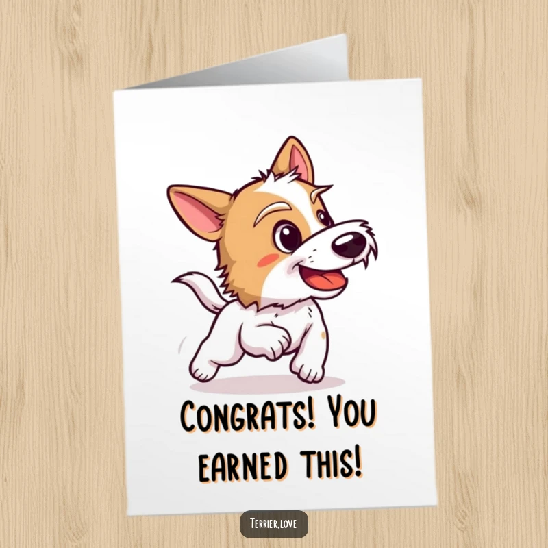 Funny Free Printable Congratulations Card: A terrier in a playful bark, ready to chase and celebrate your big win with boundless energy.