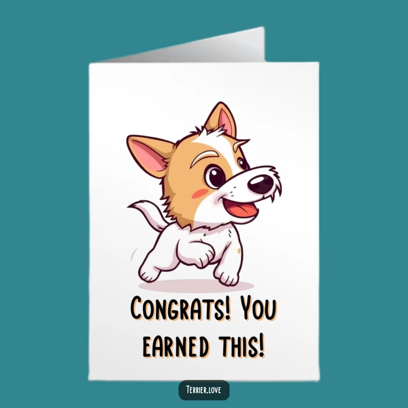 Free Printable Congrats Card: Energetic Terrier Chasing, Perfect Downloadable Gift for Victories