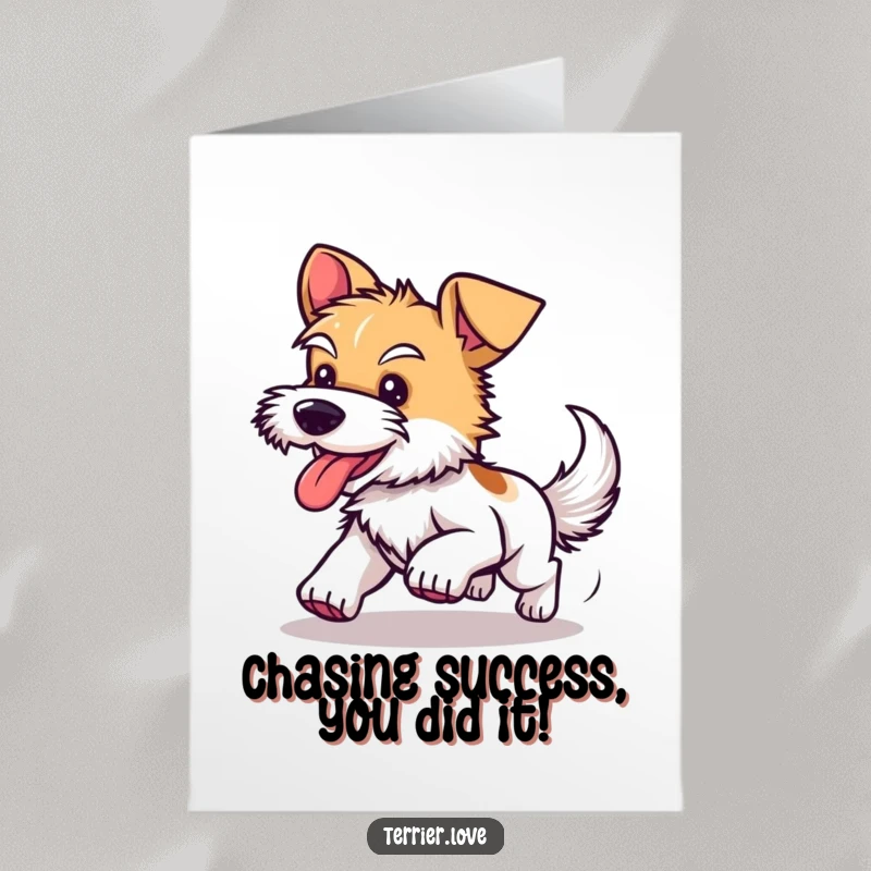 Funny Free Printable Congratulations Card: A happy, panting terrier energetically chasing its tail in circles, signifying celebration.