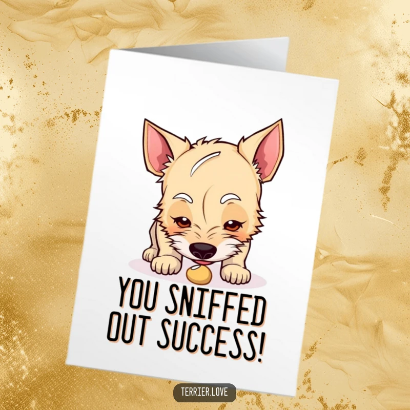 Funny free printable congratulations card featuring a curious terrier investigating an intriguing object with intense focus.