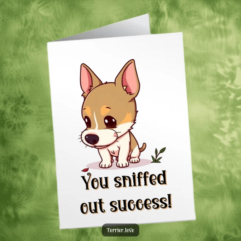 Free Printable Terrier Congrats Card: Curious terrier investigating a hidden scent with perked ears, celebrating a discovery.