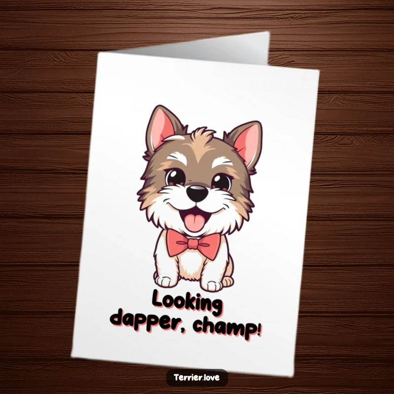Funny Free Printable Congratulations Card: Playful Terrier sporting a smart bow tie, panting happily in celebration.