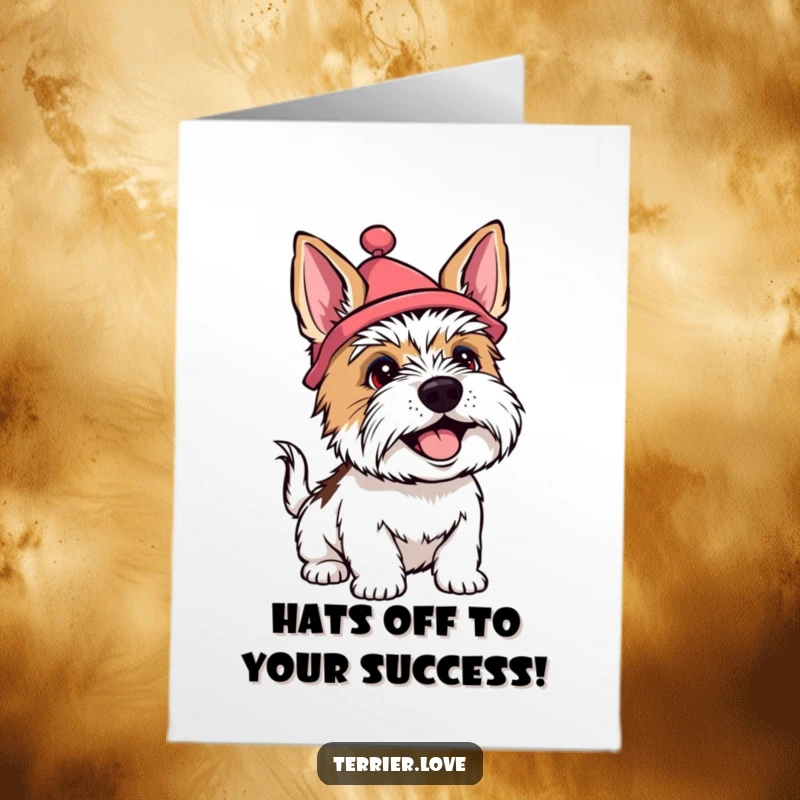Funny Free Printable Congratulations Card: A terrier dog wearing a silly hat and wagging its tail happily, celebrating success.