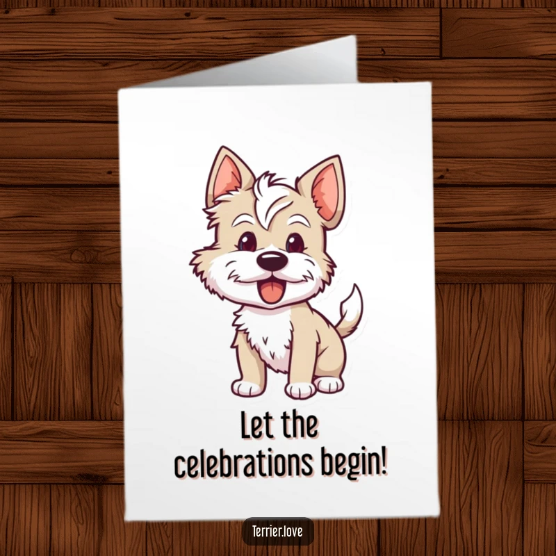 Funny Free Printable Congratulations Card: A terrier with its tail wagging furiously, showing pure eagerness and joy.