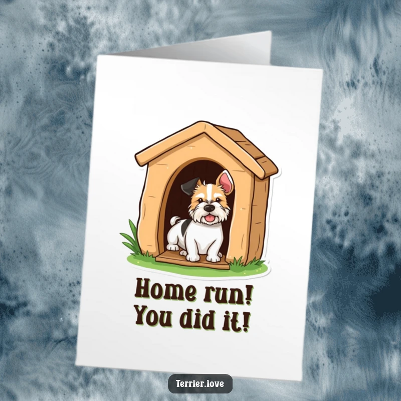 Free Printable congratulations card showing a terrier playfully peeking from its doghouse, sharing in the happy news.