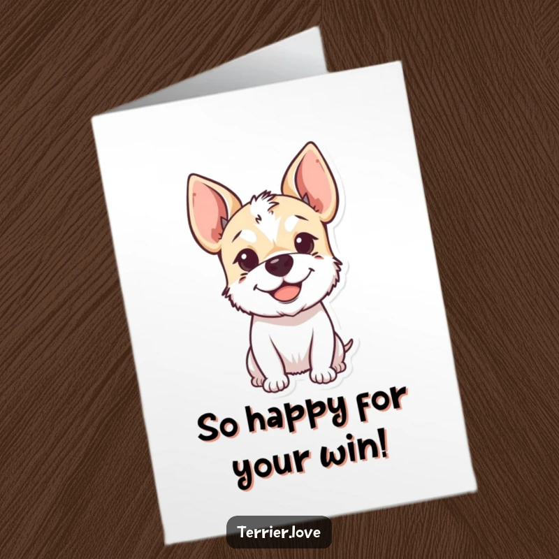 Funny Free Printable Congratulations Card: Smiling terrier with ears perked, excitedly celebrating achievements.