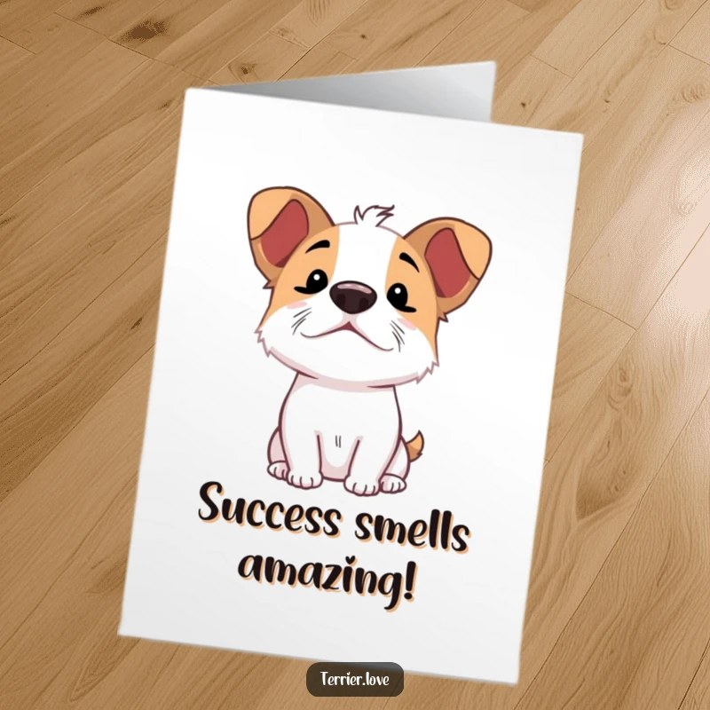 Funny Free Printable Terrier Congratulations Card: Terrier dog excitedly sniffing the air with nose up, celebrating news.