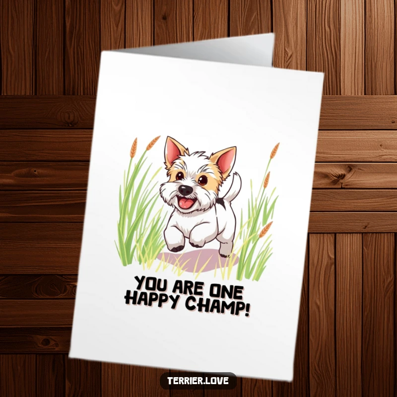Free Printable Terrier Congrats Card: Joyful terrier with a wagging tail leaping exuberantly through tall grass, celebrating.