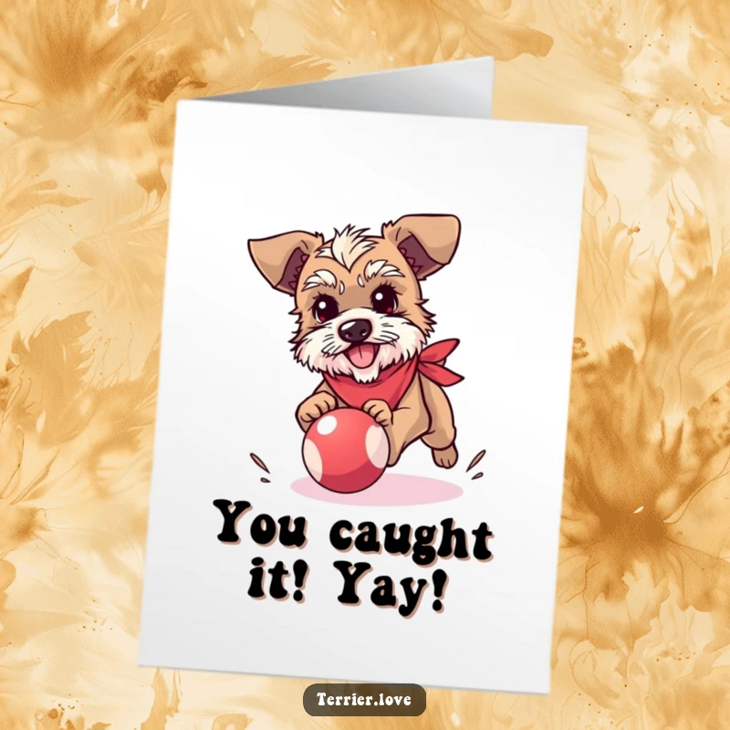 Funny Free Printable Congratulations Card: A terrier sporting a bandana joyfully chases a bouncy ball, celebrating a win.