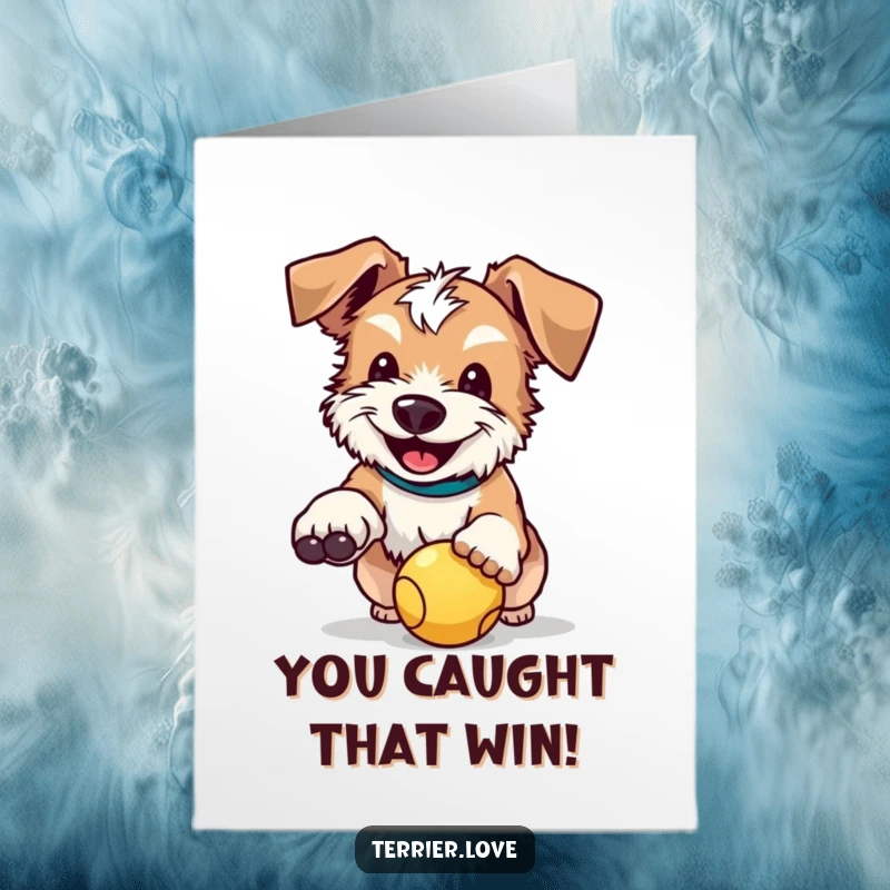 Funny Free Printable Congratulations Card: Energetic Terrier Mid-Air Catching a Ball with Joy.