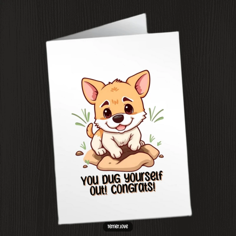 Funny Free Printable Congratulations Card featuring a determined terrier digging a hole, celebrating hard-earned success.