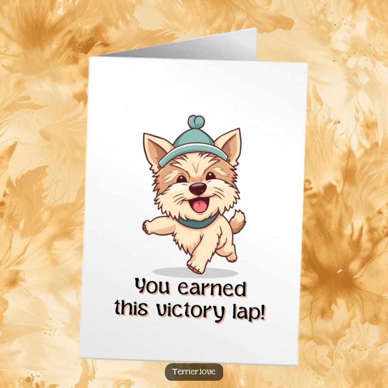 Funny Free Printable Congratulations Card: A silly Terrier sports a hat while chasing its tail in a dizzying display of joy.