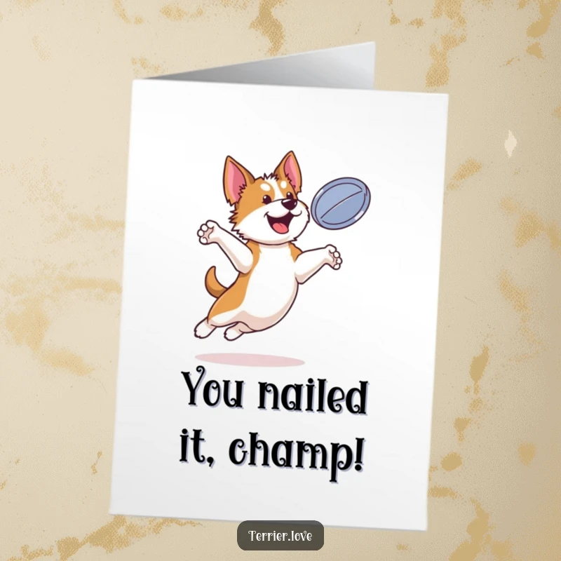 Funny free printable congratulations card showing a bouncy terrier mid-air, catching a disc, full of winning spirit.