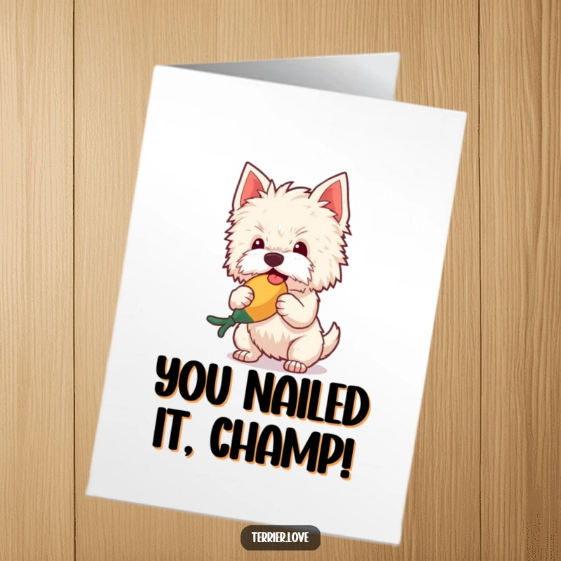 Funny Free Printable Congratulations Card: Fluffy terrier gleefully shaking a squeaky toy, celebrating success.