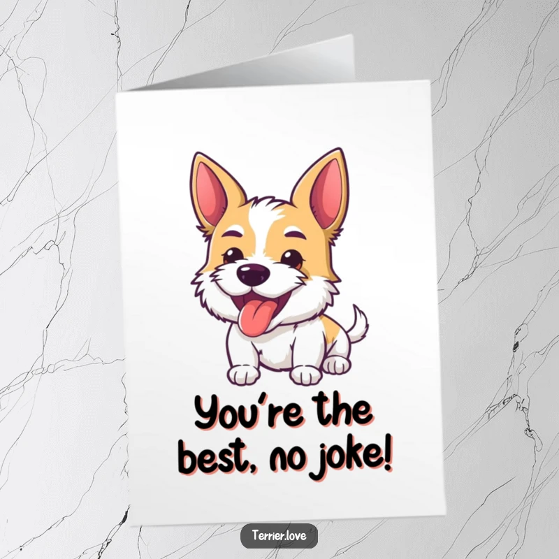 Funny Free Printable Congratulations Card: Energetic terrier with tongue out, celebrating wins with a big smile.
