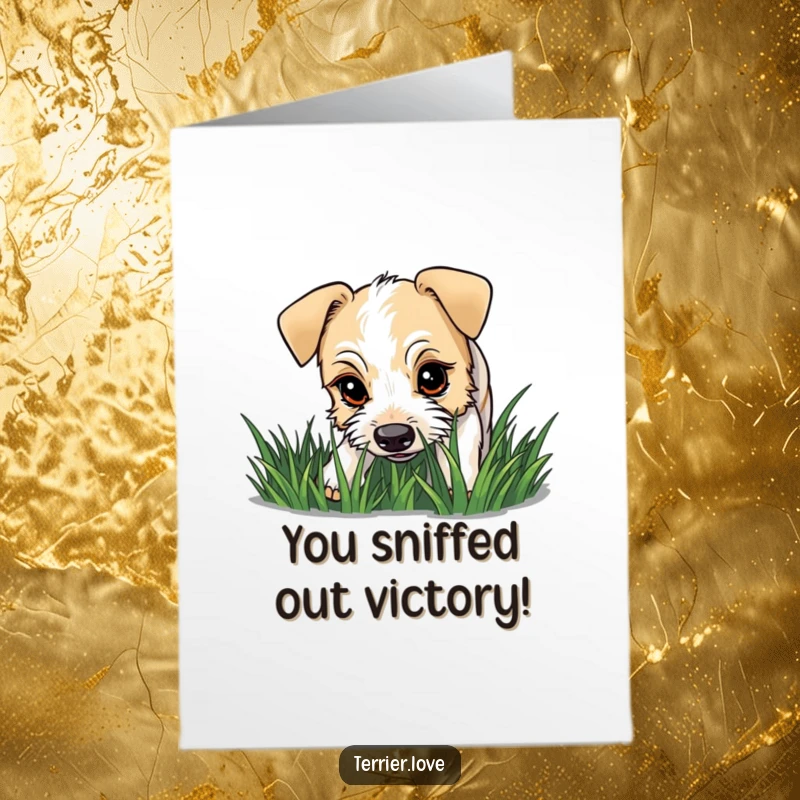 Funny Free Printable Congratulations Card: A terrier with a curious gaze sniffing grass, celebrating achievements with a thoughtful approach.