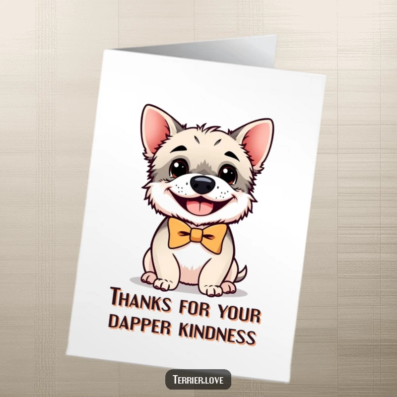 Funny Free Printable Thank You Card showing a small terrier wearing a festive bowtie and a big, happy grin.