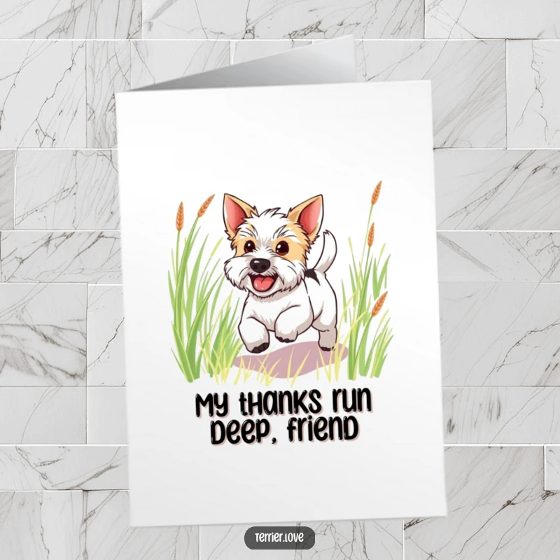 Free Printable Terrier Thank You Card: Happy terrier with a wagging tail bounding through grass, expressing gratitude.