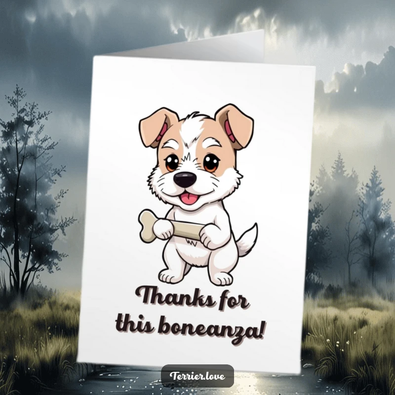 Funny Free Printable Terrier Thank You Card: Proud terrier dog holding a bone, expressing sincere thanks, printable art.