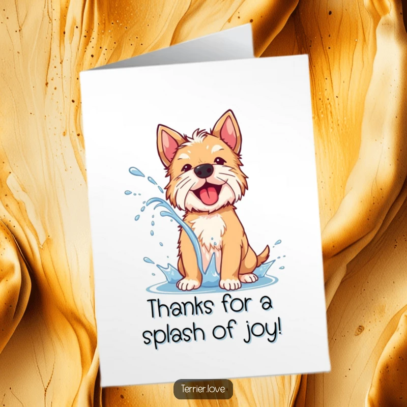 Funny Free Printable Thank You Card: A terrier dog shaking off water with a joyful spray, showing happy gratitude.
