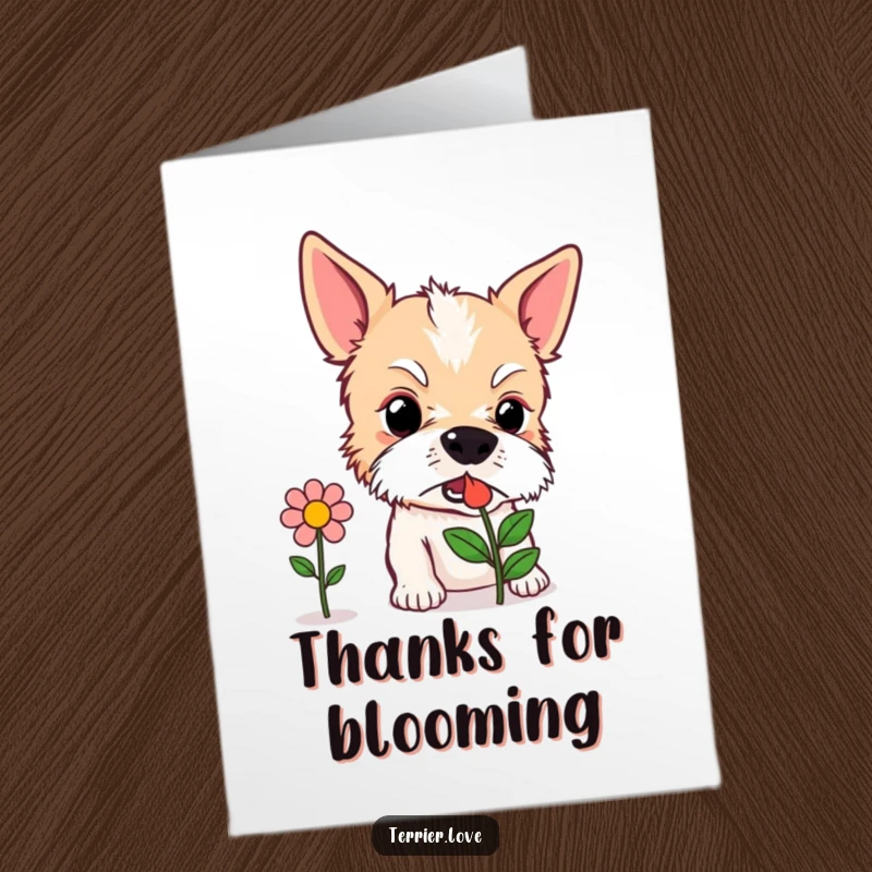 Funny Free Printable Thank You Card: A terrier inquisitively sniffing a stylized flower icon with a happy expression.