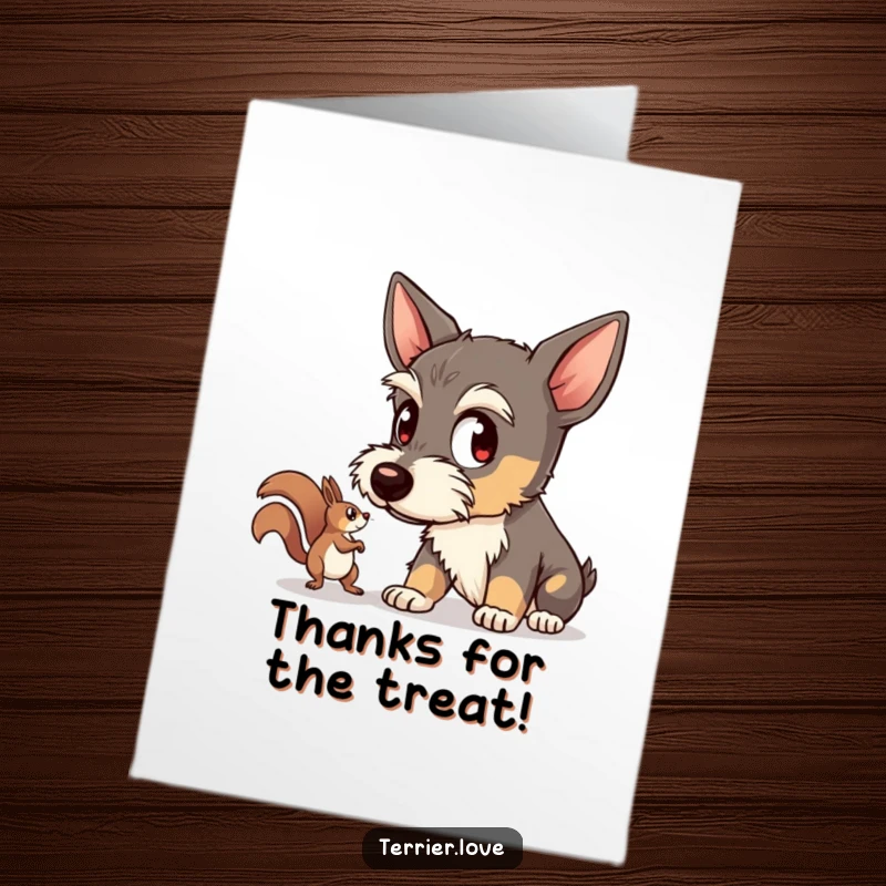 Funny Free Printable Thank You Card: A terrier with wide eyes is intently focused on a squirrel, sending thanks.