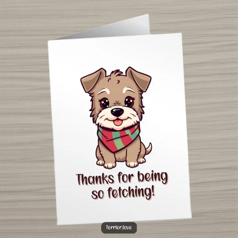Funny free printable thank you card of a happy terrier in a scarf, looking alert and ready to express gratitude.