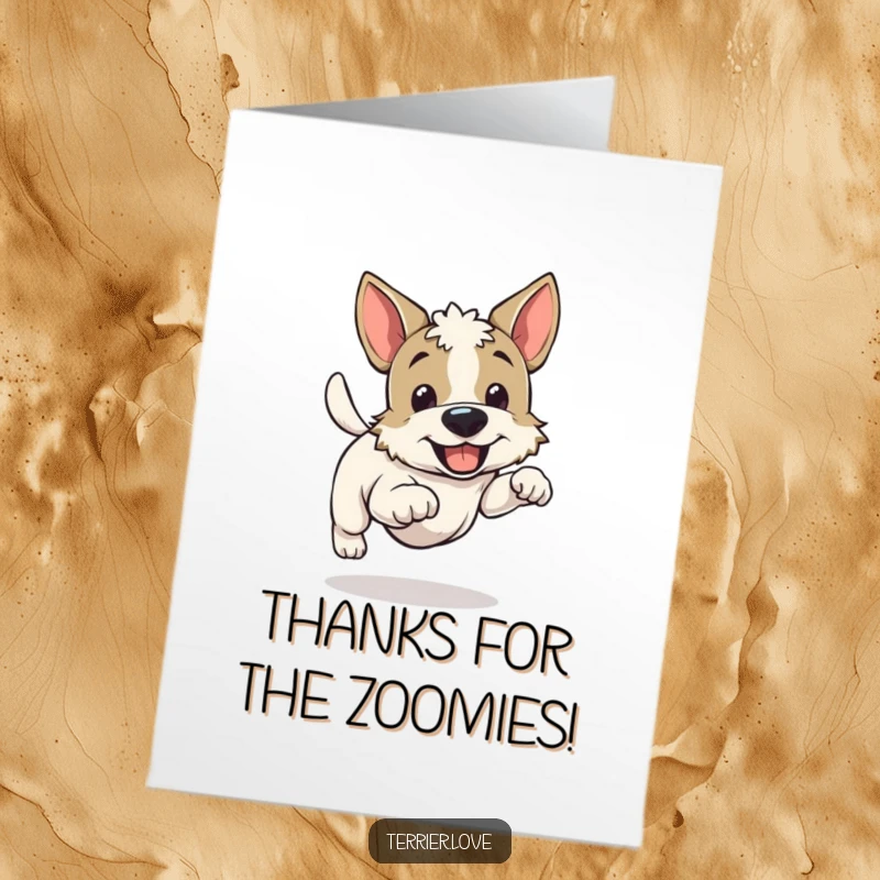 Funny Free Printable Thank You Card: A happy terrier running with excitement, conveying heartfelt thanks with a wagging tail.