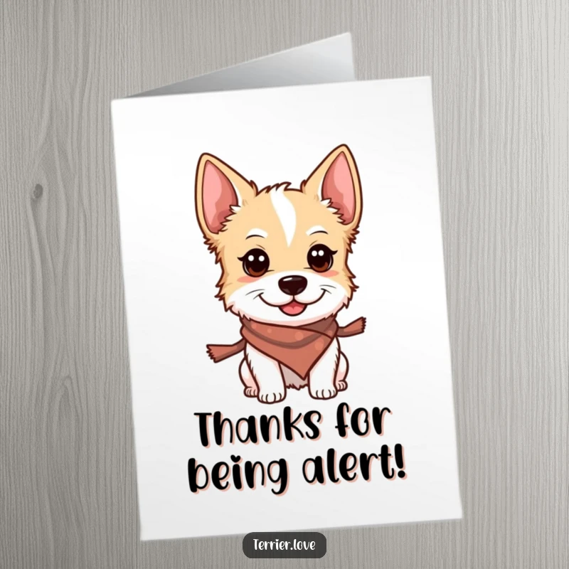Funny Free Printable Thank You Card: A smiling terrier dog wearing a small scarf, looking alert and friendly.