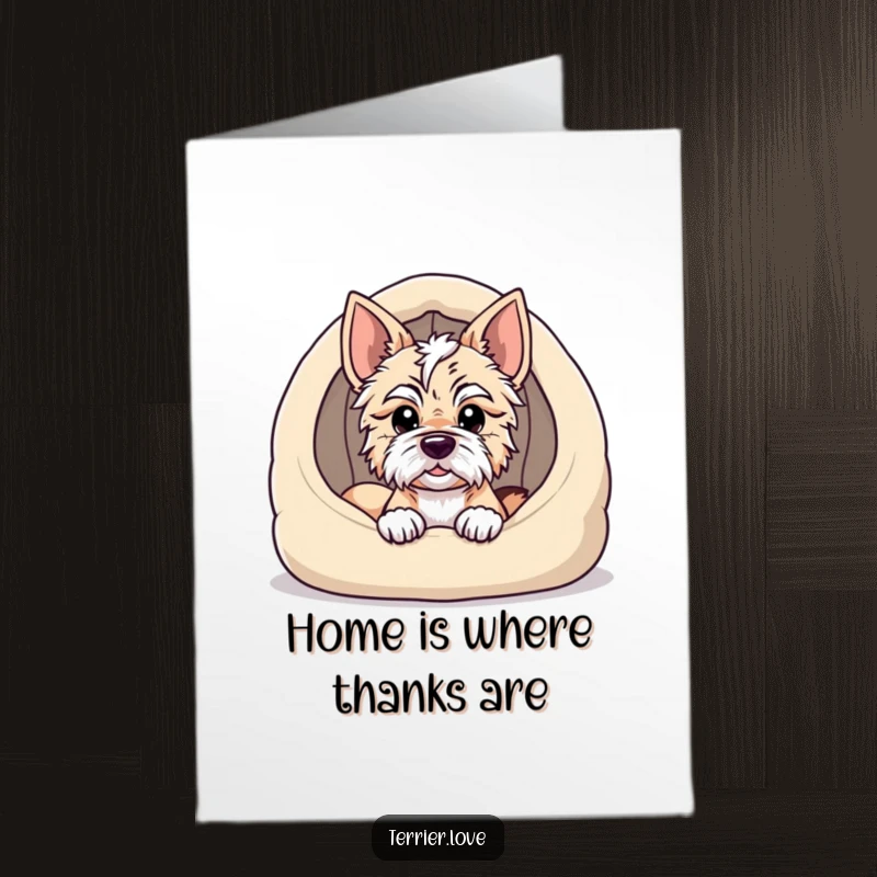 Funny Free Printable Thank You Card: A terrier character peeking over the edge of its dog bed, offering thanks.