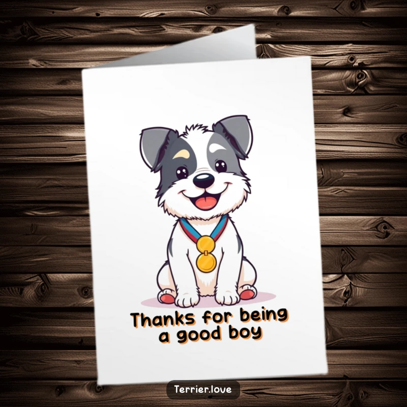 Funny Free Printable Thank You Card: A happy terrier wearing a medal, offering sincere thanks with a wagging tail.